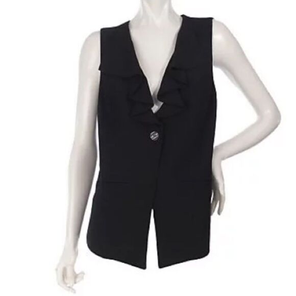 Susan Graver Chelsea Stretch Single Button V-Neck Vest Ruffle Front Black Sz M - Picture 1 of 16